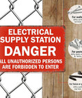 Electrical Supply Station Vintage Metal Wall Art Signs Dope Rust Resistant Aluminum For Indoor Outdoor Decor In Kitchens Garages Patios And More For Home And Office Decor, red 8x12 sign on chain-link fence