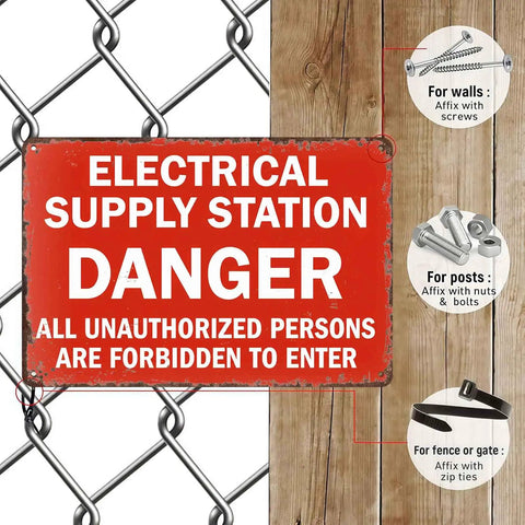 Electrical Supply Station Vintage Metal Wall Art Signs Dope Rust Resistant Aluminum For Indoor Outdoor Decor In Kitchens Garages Patios And More For Home And Office Decor, red 8x12 sign on chain-link fence