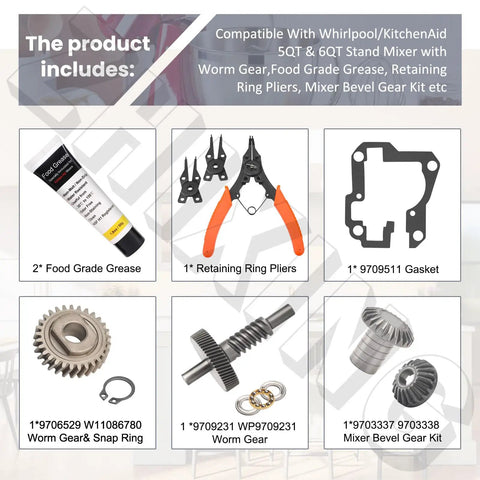 All-in-One Worm Gear Kit For 5Qt And 6Qt Stand Mixers, includes food grade grease, retaining ring pliers, gasket, worm gear