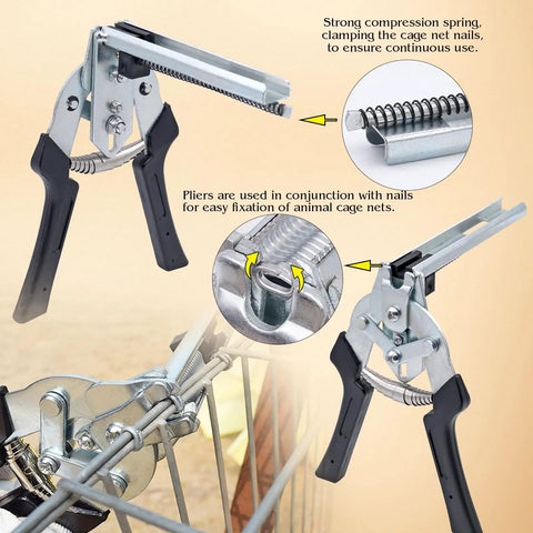 Type M Hog Ring Pliers Kit With 3000 M Clips for auto upholstery and wire cage fastening, showing pliers and compression spring.