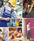 Collage of workers wearing Reusable Half Face Cover With Extra Filters For Painting, Polishing, Welding And Other Work Protection.