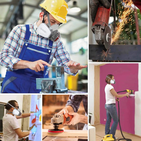 Collage of workers wearing Reusable Half Face Cover With Extra Filters For Painting, Polishing, Welding And Other Work Protection.