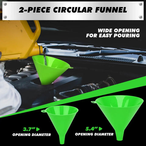 2-Piece Circular Funnel for easy pouring, featuring 3.7" and 5.4" opening diameters, ideal for coolant refilling.
