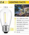36 Pack S14 LED Bulbs For Outdoor String Lights Replacement Edison Bulbs Shatterproof Durable Plastic Construction Waterproof Built To Last Warm White 2200K Non Dimmable With E26 Base Ideal For Patio Backyard Parties Party Ready shown with lighting facts and outdoor setup