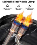 Stainless steel exhaust pipes with flames, highlighting high-temperature resistance of 4 Piece V Band Clamp Kit For 2.5 Inch Flanges.