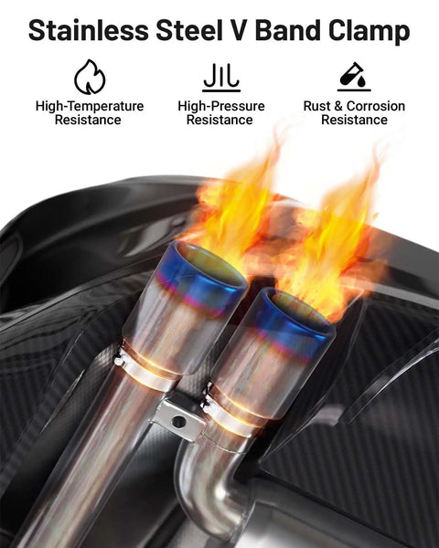 Stainless steel exhaust pipes with flames, highlighting high-temperature resistance of 4 Piece V Band Clamp Kit For 2.5 Inch Flanges.