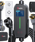 Upgraded Level 2 EV Charger With 24A Dual Outlet, Adjustable Current And Timer, NEMA 14-30 Dryer Outlet And 14-50 Plug displayed