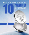 CR2016 3V Lithium Coin Cell Batteries 5 Pack Featuring A Rock Solid 10 Year Shelf Life And Leak Proof Child Safe Package, battery design, close-up view.