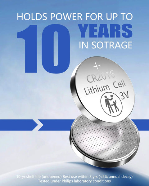 CR2016 3V Lithium Coin Cell Batteries 5 Pack Featuring A Rock Solid 10 Year Shelf Life And Leak Proof Child Safe Package, battery design, close-up view.
