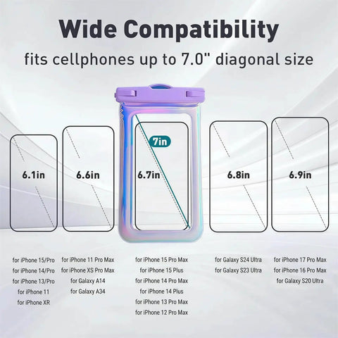Floatable Waterproof Phone Pouch Case For iPhone 17 16 Pro Max 15 14 13 12 Under 7 Inches IP68 showing compatibility sizes
