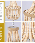 Close-up of the 12 Inch Wood Beaded Chandelier Boho Pendant Light showing natural beads and antique vintage flair detail.