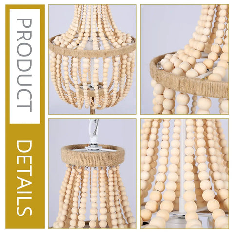 Close-up of the 12 Inch Wood Beaded Chandelier Boho Pendant Light showing natural beads and antique vintage flair detail.