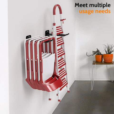 4 Pack Heavy Duty Garage Hooks 12.4 Inch Long, Alloy Steel Wall Mount Storage Hooks, holding red folding chairs and ladder on wall