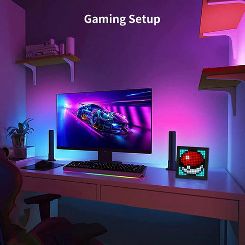 LED Pixel Display Panel For RGB Light Bars With Smart App Control on a desk in gaming room, showcasing pixel art animations.