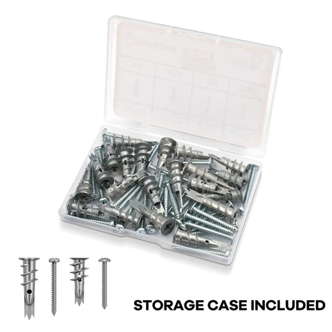 100 Pcs Zinc Self Drilling Drywall Anchors With 8 Stainless Steel Screws Kit with storage case, displayed open.