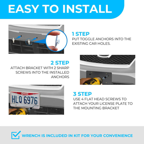 Installation guide steps for Zero Hassle License Plate Bracket Adapter Kit for Subaru WRX STI and others, featuring tools and process.