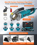 Upgraded 2300W Electric Pipe Threader With Pure Copper Motor And Aluminum Alloy Head showing a threading machine kit with various pipe sizes.