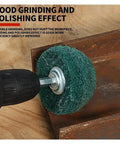 10 Piece Nonwoven Abrasive Buffing Wheel Set With One Quarter Inch Shank For Polishing And Surface Prep in use on metal