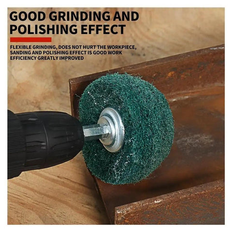 10 Piece Nonwoven Abrasive Buffing Wheel Set With One Quarter Inch Shank For Polishing And Surface Prep in use on metal