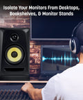 Monitor Isolation Pads For Six To Eight Inch Speakers shown on desk with acoustic foam, reducing vibrations near music producer.
