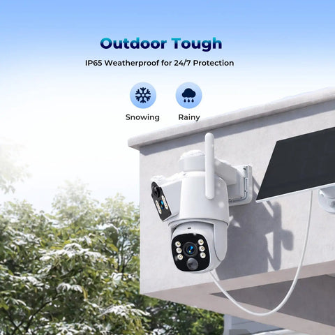 Solar Wireless Outdoor Security Camera System With Dual Lens 360 Degree Coverage on wall with IP65 weatherproof feature.