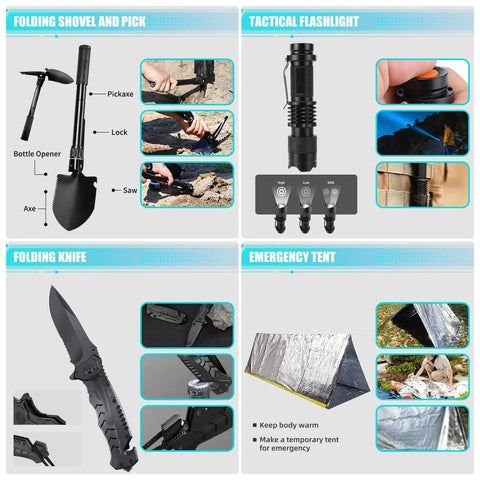 236 Piece Survival Gear Kit With First Aid Medical Supplies, Tactical MOLLE Pouch showing shovel, flashlight, knife, and tent