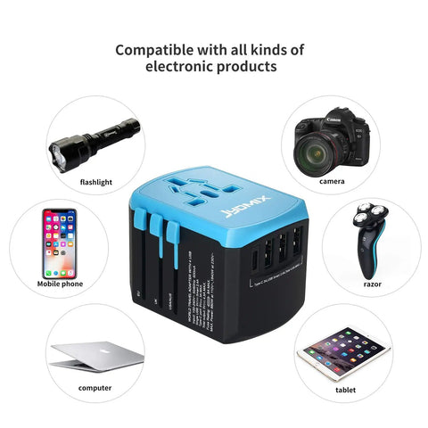 Universal USB Travel Power Adapter With Quad USB Ports And Type C shown with compatible electronic devices