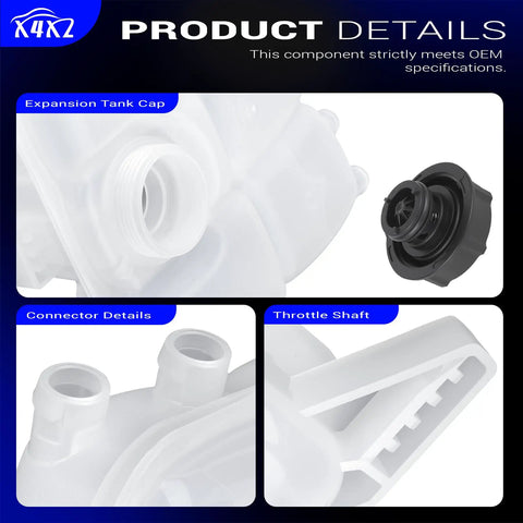 Expansion tank details with cap, connectors, and throttle shaft for Front Engine Coolant Reservoir And Radiator Expansion Tank With Surge Cap Replaces 603382 For Ford Vehicles.