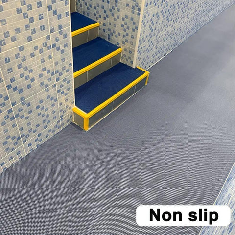 Heavy Duty PVC Drainage Mat Grippy Non Slip Wet Area Floor Mat Roll 3 By 16.4 Ft 0.22 Inch Thick Ideal For Restaurants Bars Bathrooms Pools Patios Outdoor And Indoor Grey installed by tiled stairs