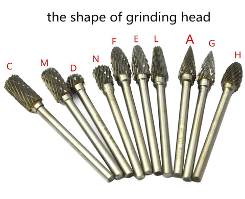 Pro Grade Ten Piece Tungsten Carbide Rotary Burr Set Type E One Quarter Inch Cutter With Three Millimeter Shank displayed