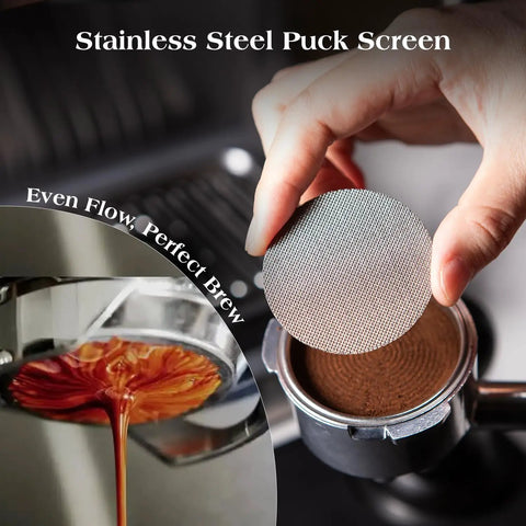 Stainless steel puck screen from 7 Piece Espresso Tools Kit For 54mm Breville Portafilters, held above portafilter