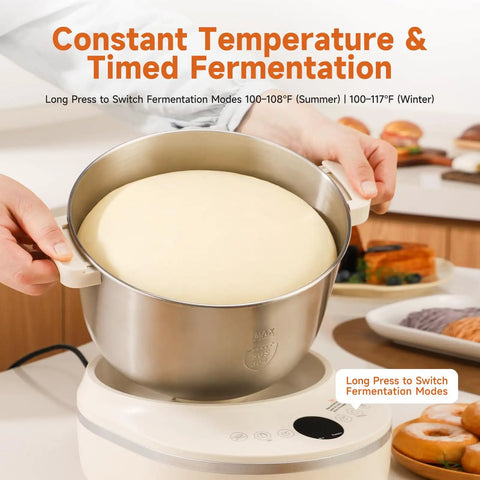 Joydeem 3.7Qt Electric Dough Maker With Smart Seasonal Fermentation And 150W Motor preparing dough in stainless steel basin.