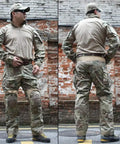 Built Tough Multicam Combat Pants With Padded Knees And Ten Spacious Tactical Pockets Breathable Cotton Polyester Blend Bdu Rig For Paintball Wargames And Backyard Shooters, modeled from front and back.