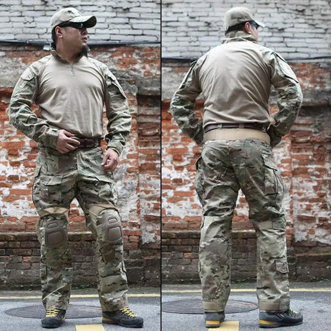 Built Tough Multicam Combat Pants With Padded Knees And Ten Spacious Tactical Pockets Breathable Cotton Polyester Blend Bdu Rig For Paintball Wargames And Backyard Shooters, modeled from front and back.
