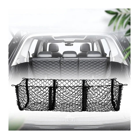 Three Pocket Trunk Cargo Net Made For Tesla Cybertruck 2024 Plus black mesh organizer in rear trunk area.