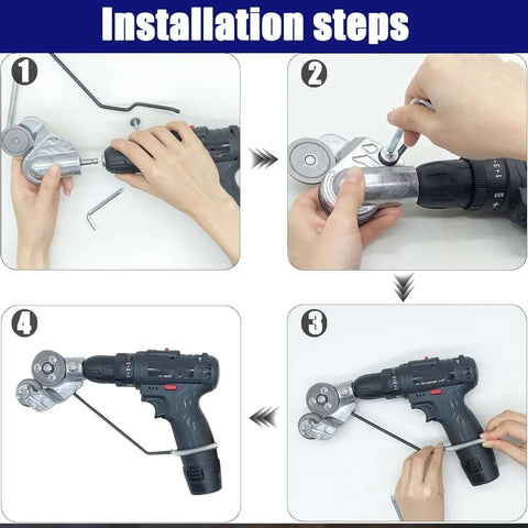 Installation steps for Heavy Duty Electric Drill Plate Cutter for sheet metal cutting adapter attachment.