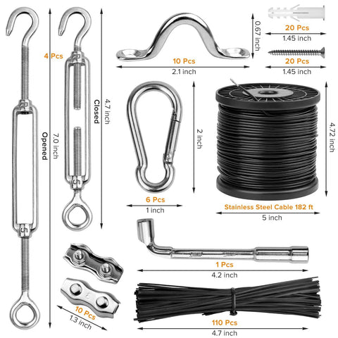 Outdoor String Light Hanging Kit With 182 Ft 7x7 Stainless Steel Wire Rope, Turnbuckle And Hooks, Globe Light Suspension System components