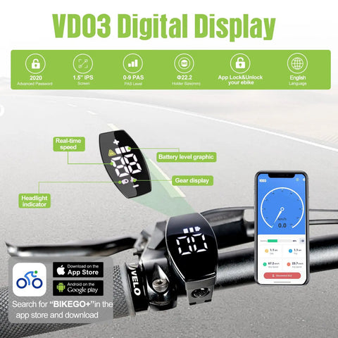 VD03 digital display on Plug-and-Play 750W Mid Drive Ebike Conversion Kit with features shown on handlebar and smartphone app