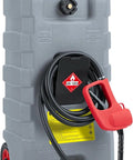 Big 15 Gallon Portable Fuel Caddy With Easy Siphon Pump And Leak Proof Valves On Wheels showing side view with hose and trigger pump.