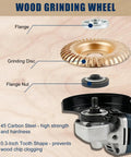 Wood grinding wheel for All In One Pro Grade Wood Carving Disc Kit For Angle Grinders, illustrating disc components and carbon steel.