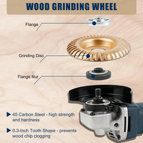 Wood grinding wheel for All In One Pro Grade Wood Carving Disc Kit For Angle Grinders, illustrating disc components and carbon steel.