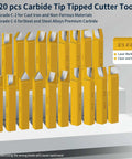 Front view of a 20-piece set of yellow 1/2-inch carbide-tipped cutter tools for metal lathe turning, boring, and chamfering.