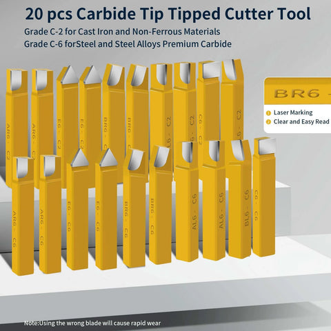 Front view of a 20-piece set of yellow 1/2-inch carbide-tipped cutter tools for metal lathe turning, boring, and chamfering.