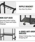 Close-up of a garage fishing rod storage rack with pegboard hooks, showing ripple bracket, non-slip base, and anti-drop shelves.
