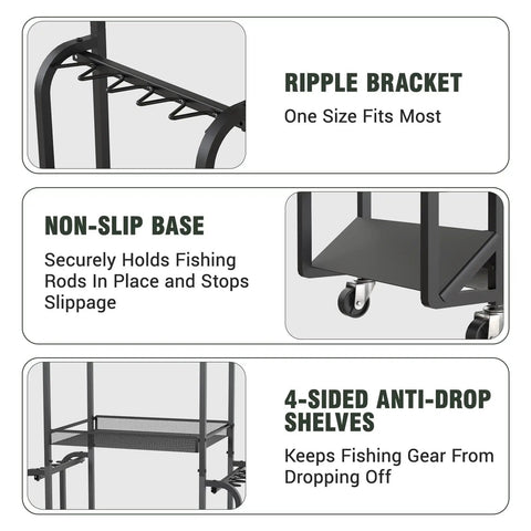 Close-up of a garage fishing rod storage rack with pegboard hooks, showing ripple bracket, non-slip base, and anti-drop shelves.