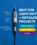 Front view of Dremel Stylo+ craft rotary tool with slim silver/black body and blue trigger button