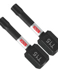 Close-up of two 1 inch Torx T15 impact tough screwdriving insert bits with heat treated tips, visible sleeves, and laser etched markings.