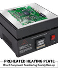 Digital LED Soldering Hot Plate 110V 850W Preheating Station for PCB SMD Rework Lab with green PCB on top