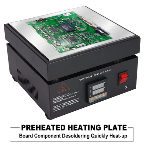 Digital LED Soldering Hot Plate 110V 850W Preheating Station for PCB SMD Rework Lab with green PCB on top