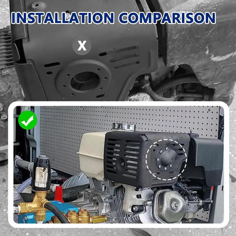 Installation comparison of Beefy Metal Muffler Exhaust Deflector Cap Kit for Predator 420cc 459cc and Honda GX engines.